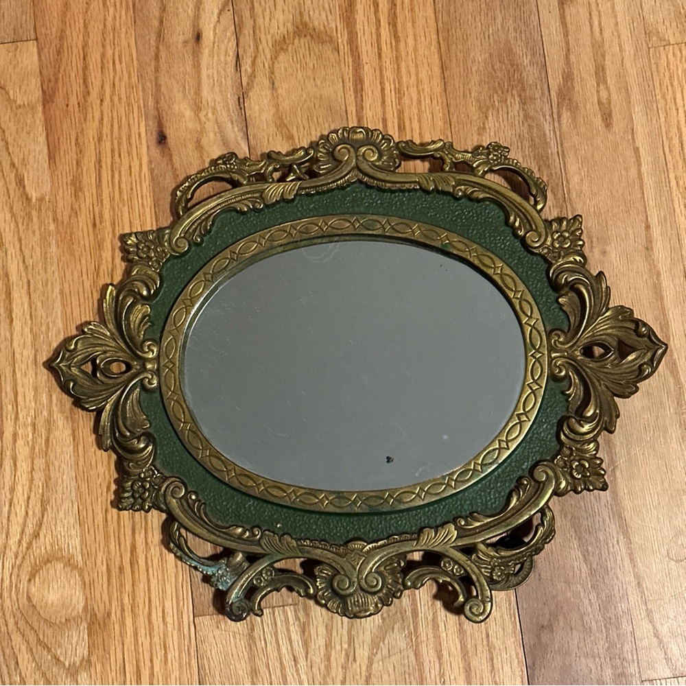 Antique MIRROR Baroque French vanity free standing solid Brass with green detail - Picture 9 of 16